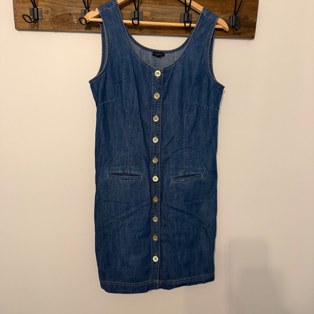 Talbots Womens Blue Denim Button Front Shift Dress Size 8 Sleeveless Pocketed